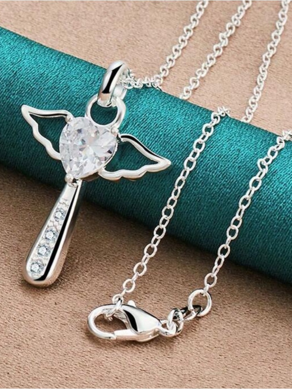 925 Sterling Silver Plated Necklace Angel Crystal Cross with 50 cm chain